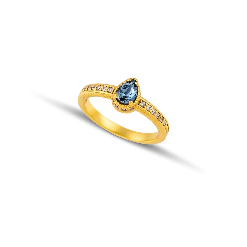 Δαχτυλίδι επίχρυσο με σταγόνα Swarovski μπλε και ζιργκόν