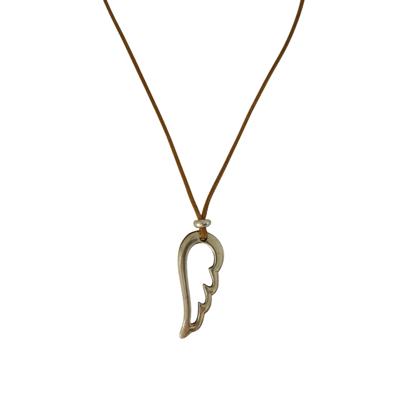 Κολιέ μακρύ με φτερό σε καφέ κορδόνι