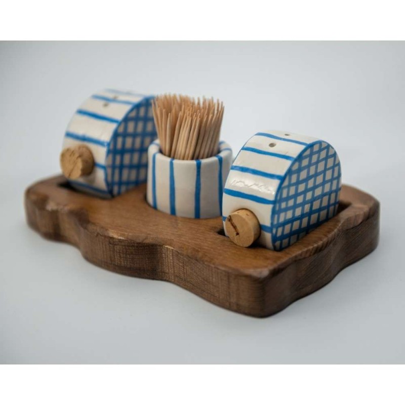 Σετ αλατιέρες μπλε-λευκό με ξύλινη βάση