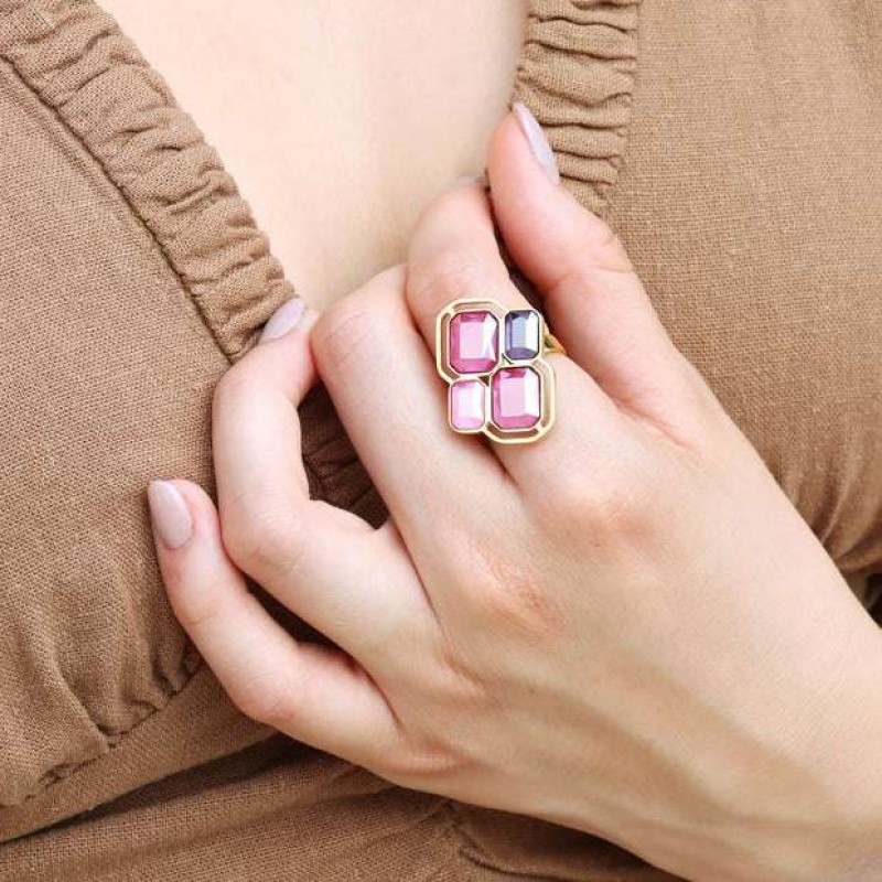 Δαχτυλίδι ατσάλινο Pixels με γεωμετρικούς ροζ κρυστάλλους