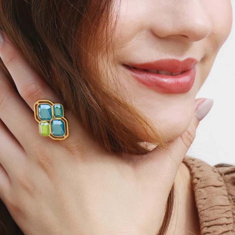 Δαχτυλίδι ατσάλινο Pixels με γεωμετρικούς κρυστάλλους σε μπλε αποχρώσεις