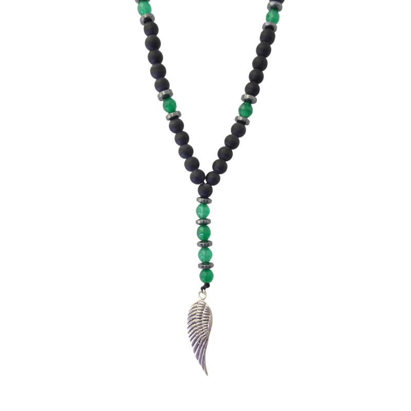 Κολιέ με μαύρο όνυχα και πράσινο αχάτη με φτερό