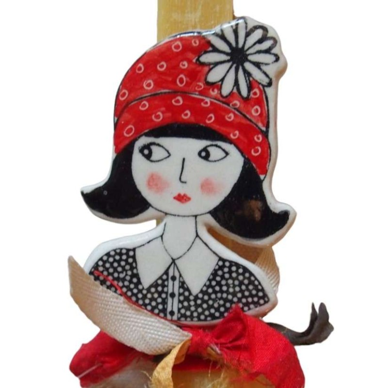 Λαμπάδα με κεραμική καρφίτσα με γυναικεία φιγούρα με λουλούδι