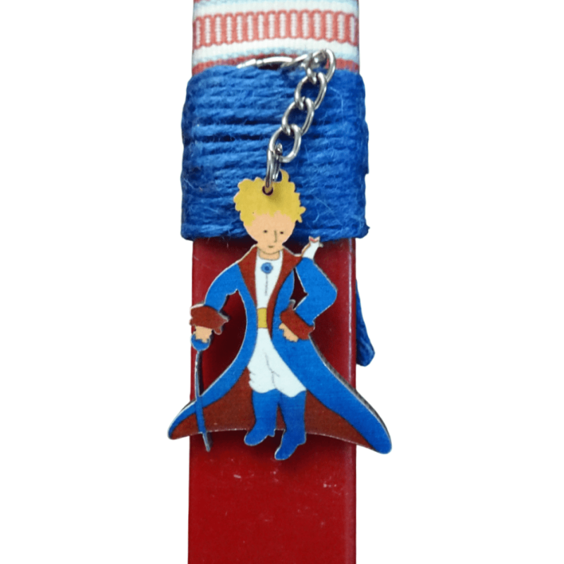 Λαμπάδα κόκκινη με μπρελόκ "Μικρός Πρίγκιπας" και ξύλινη βάση