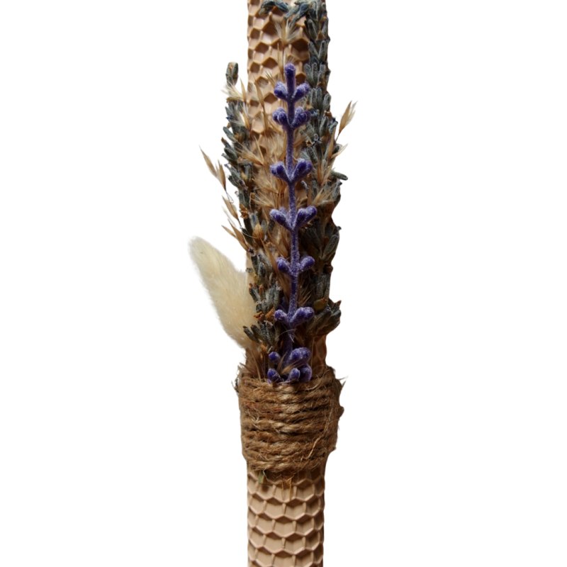 Λαμπάδα από ροζ κηρήθρα με αποξηραμένη λεβάντα