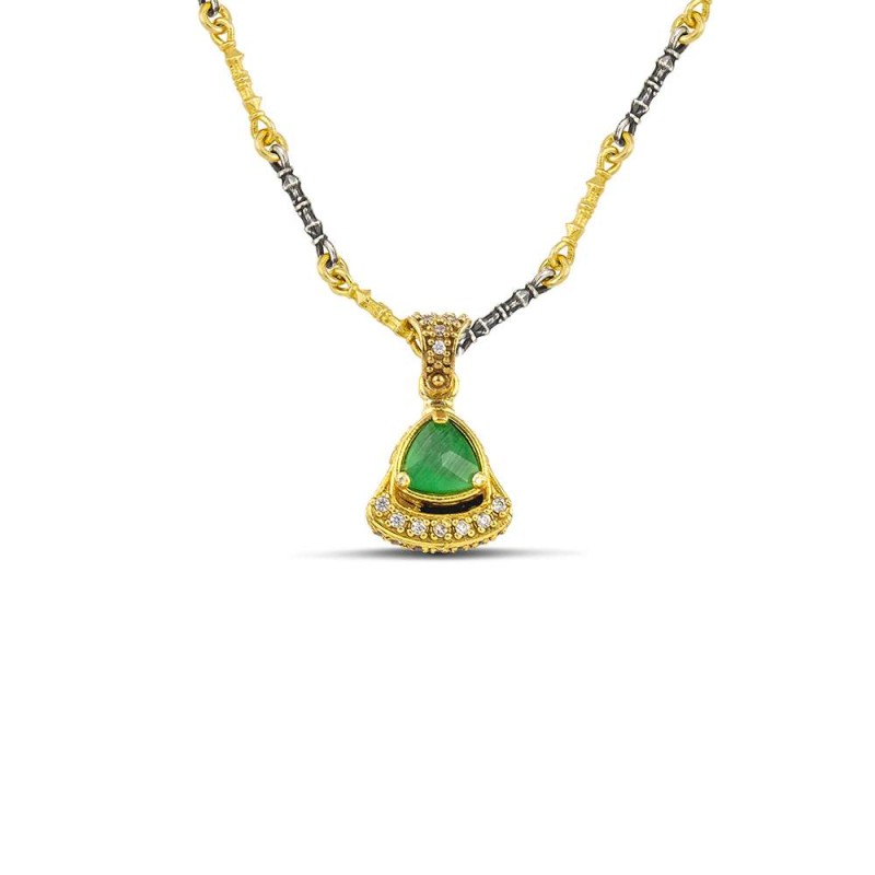 Μενταγιόν τριγωνικό Cat Eye και δίχρωμη αλυσίδα