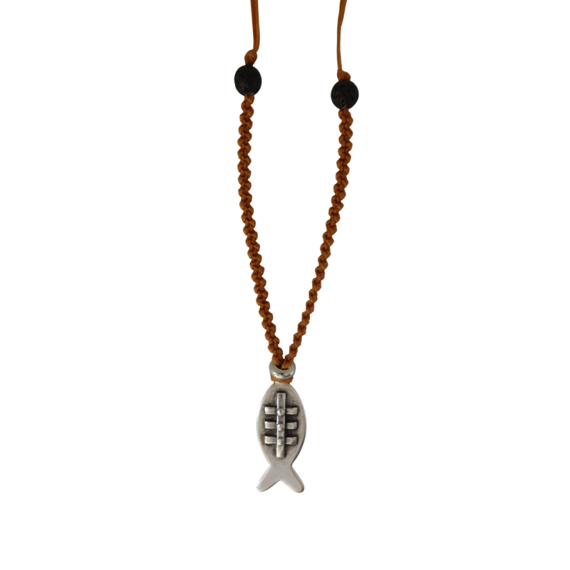 Κολιέ μακρύ με ψάρι σε καφέ κορδόνι μακραμέ