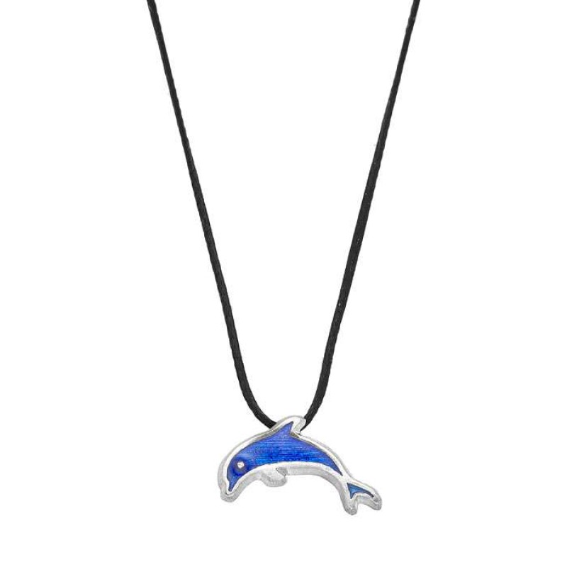 Κολιέ με ασημένιο μπλε δελφίνι σε μαύρο κορδόνι