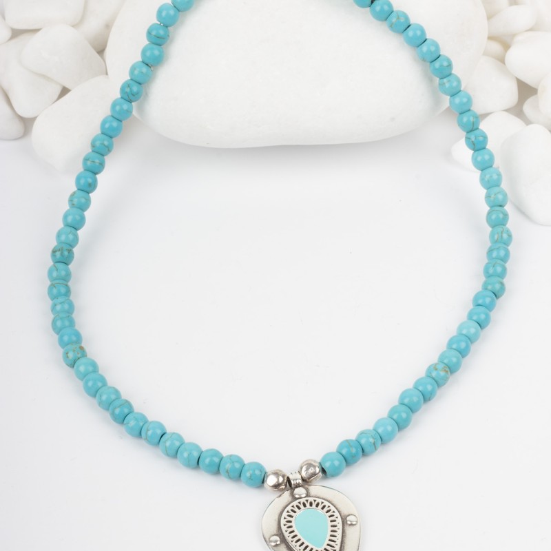 Κολιέ Boho Drop Τιρκουάζ Ασημί