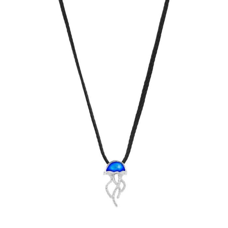 Κολιέ με ασημένια μπλε μέδουσα σε μαύρο κορδόνι