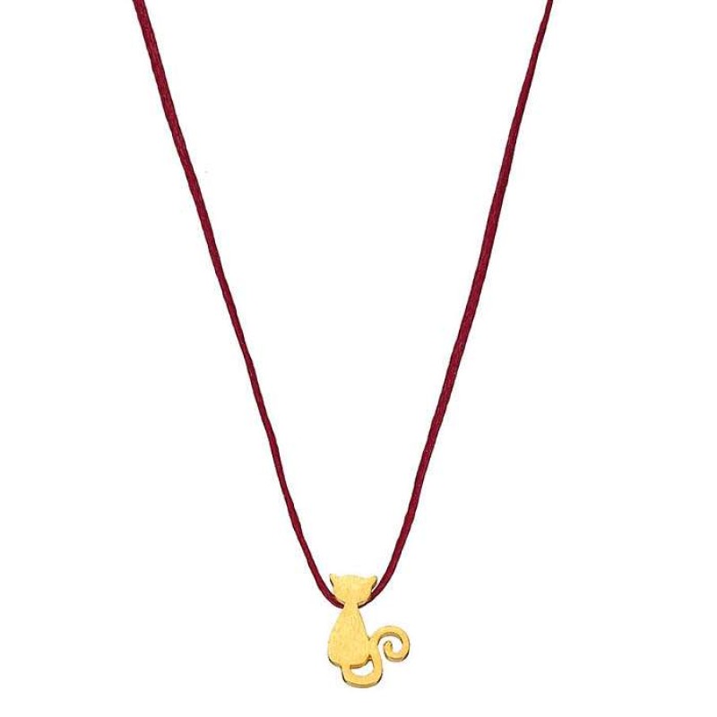 Κολιέ με επίχρυση γάτα καθιστή σε κόκκινο κορδόνι