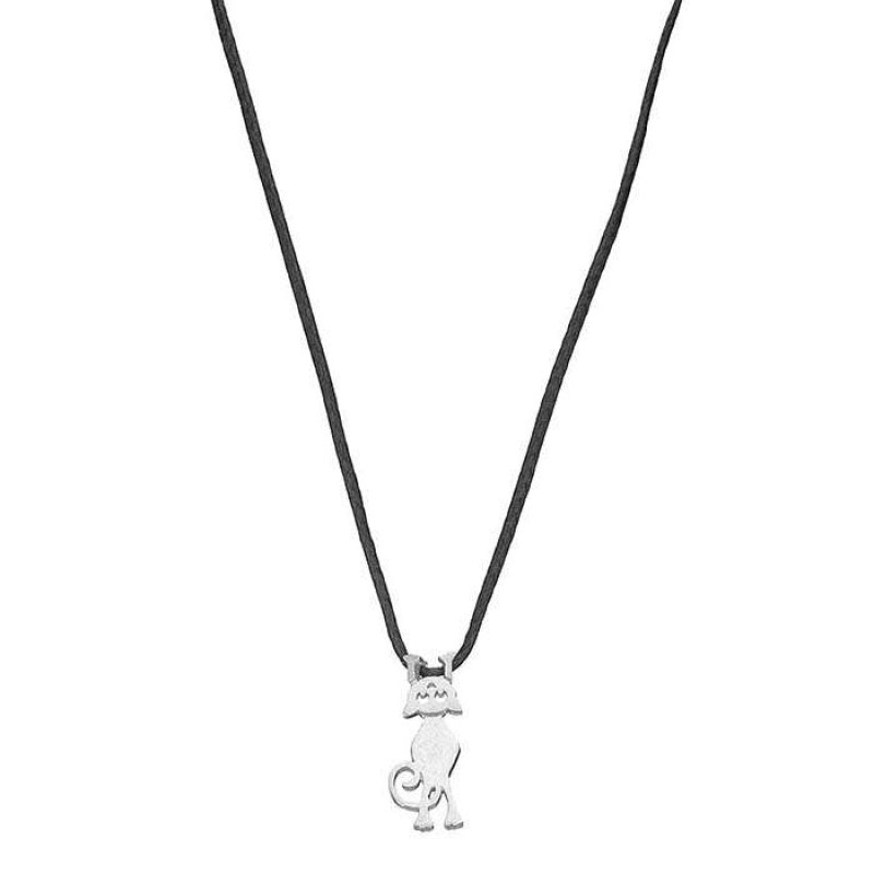 Κολιέ με ασημένια γάτα σε μαύρο κορδόνι