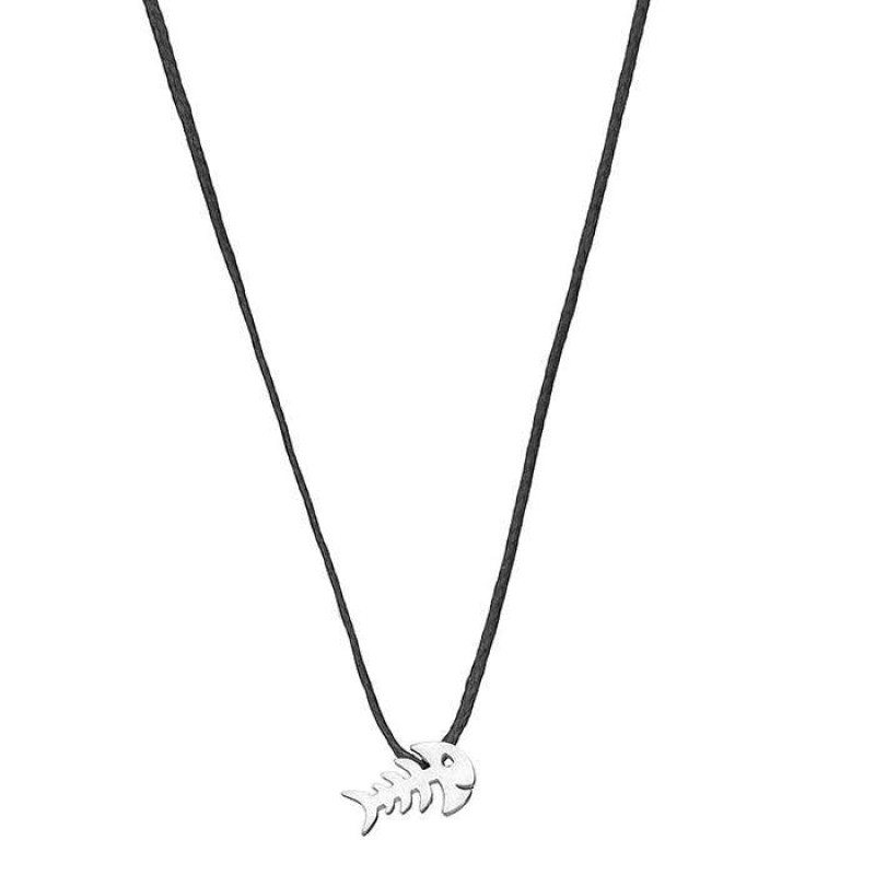 Κολιέ με ασημένιο ψαροκόκκαλο σε μαύρο κορδόνι