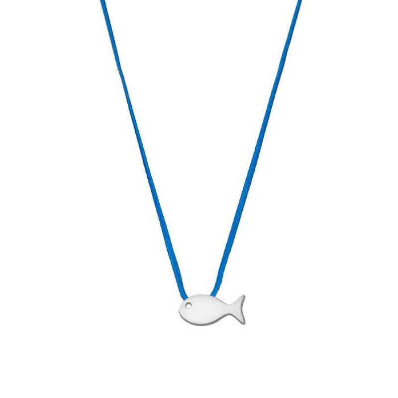 Κολιέ με ασημένιο ψάρι επίπεδο σε γαλάζιο κορδόνι