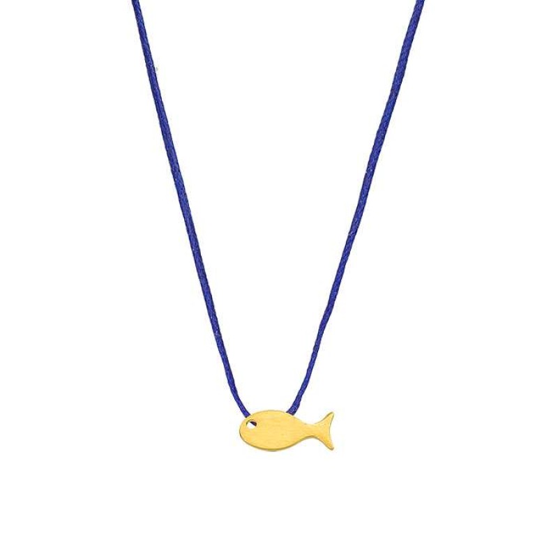Κολιέ με επίχρυσο ψάρι επίπεδο σε μπλε κορδόνι