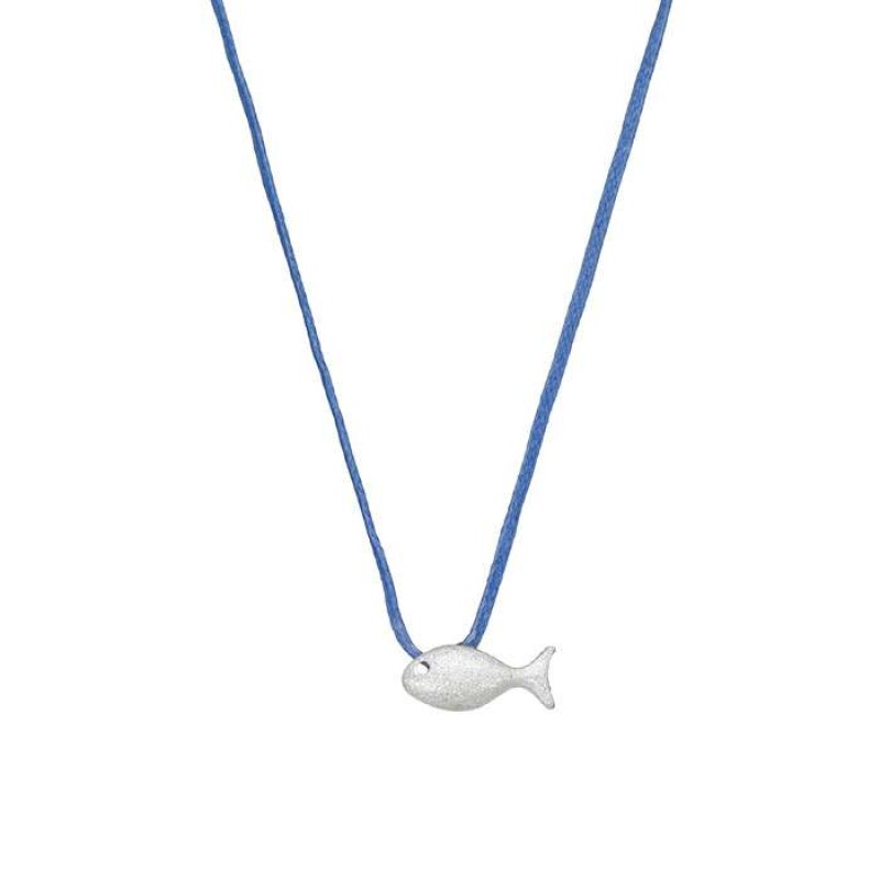 Κολιέ με ασημένιο ψάρι σε μπλε κορδόνι
