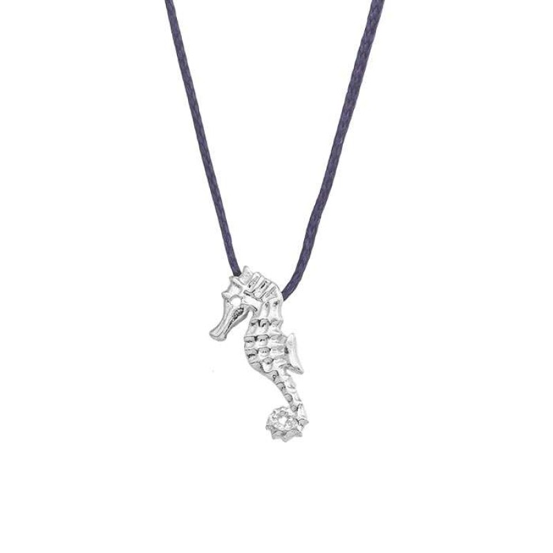 Κολιέ με ασημένιο ιππόκαμπο σε μπλε κορδόνι