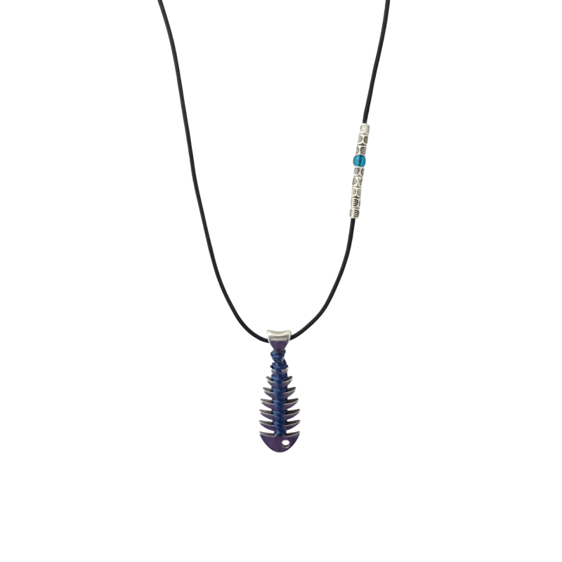 Κολιέ μακρύ με ψαροκόκκαλο μπλε σε μαύρο κορδόνι