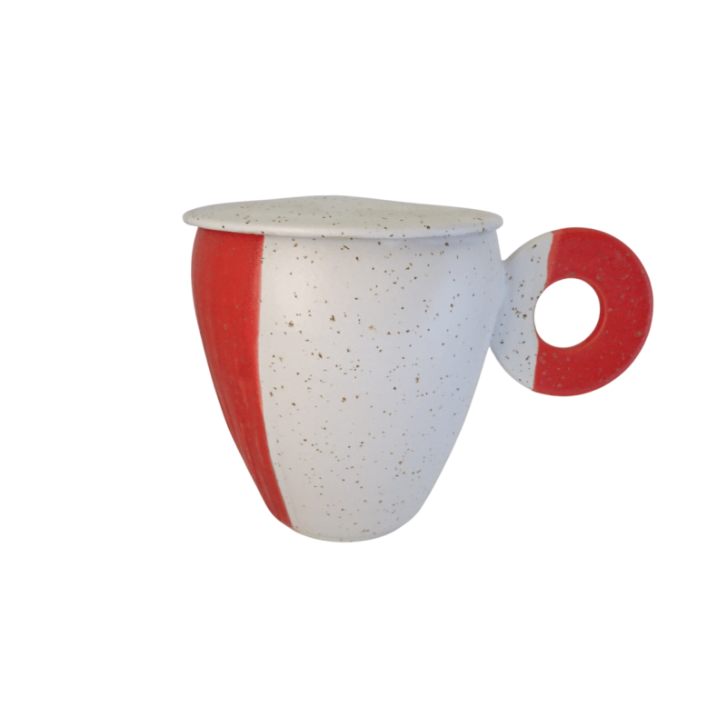 Κεραμική κούπα λευκή-κόκκινη με καπάκι