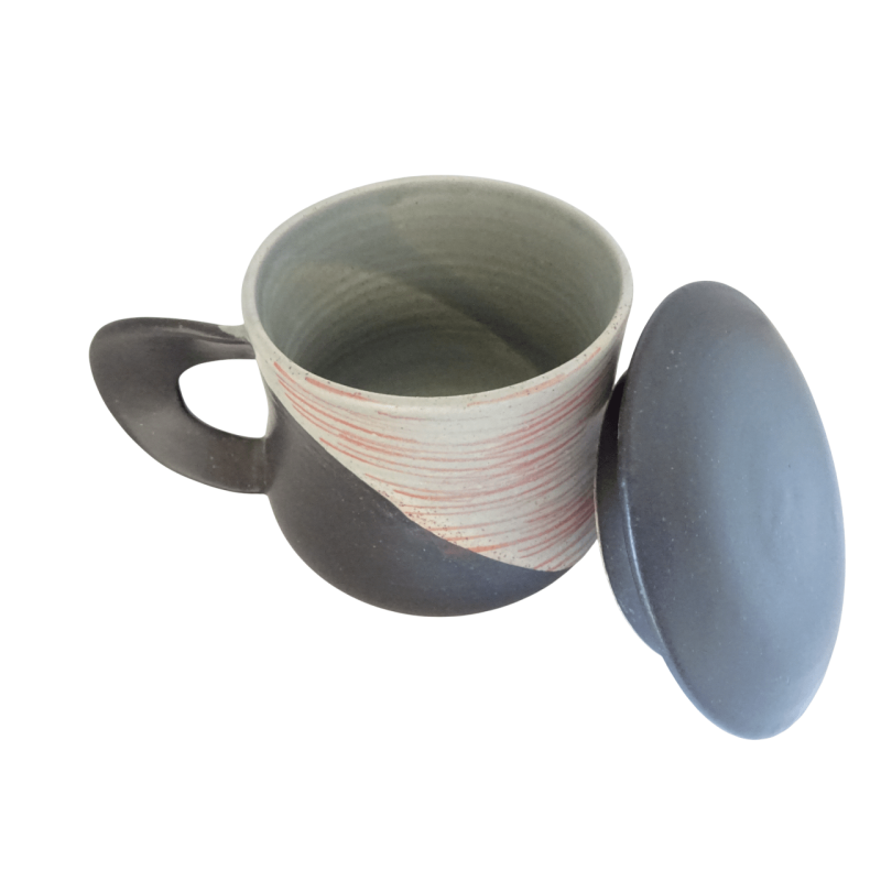 Κεραμική κούπα μαύρη-γκρι με πινελιές και καπάκι