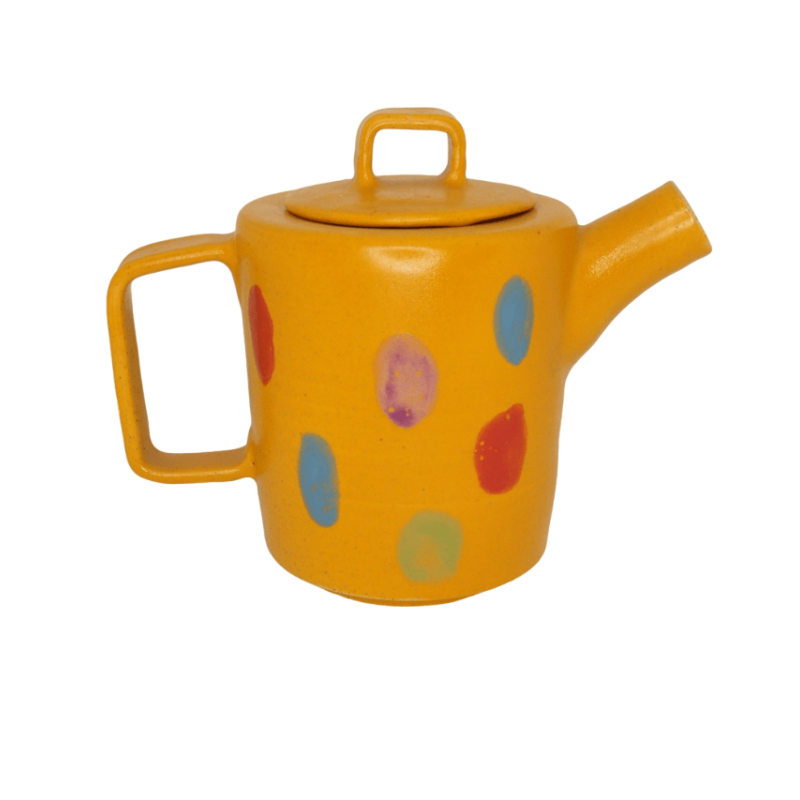 Κεραμική τσαγιέρα κίτρινη με πολύχρωμες βούλες