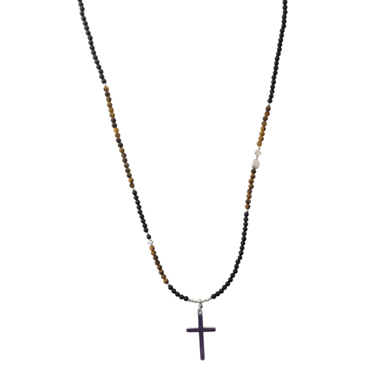 Κολιέ με μαύρο όνυχα και μάτι της τίγρης με σταυρό