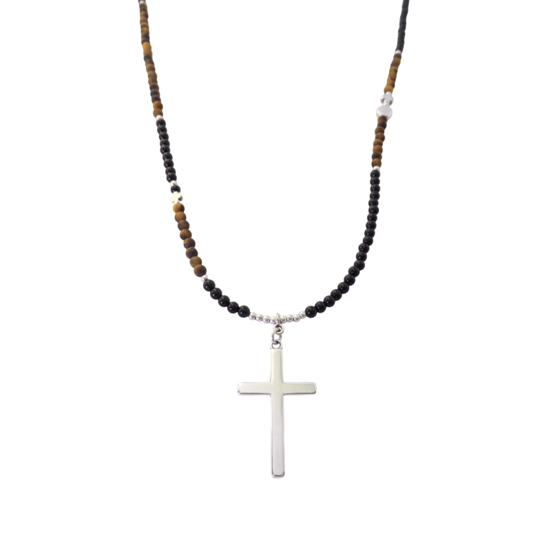 Κολιέ με μαύρο όνυχα και μάτι της τίγρης με σταυρό