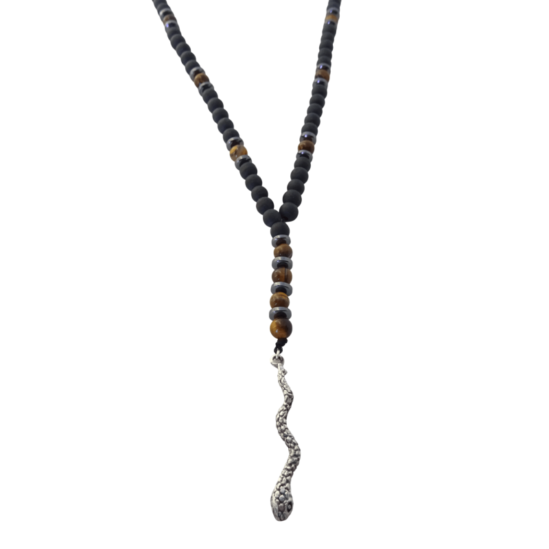 Κολιέ με μαύρο όνυχα και μάτι της τίγρης με φιδάκι