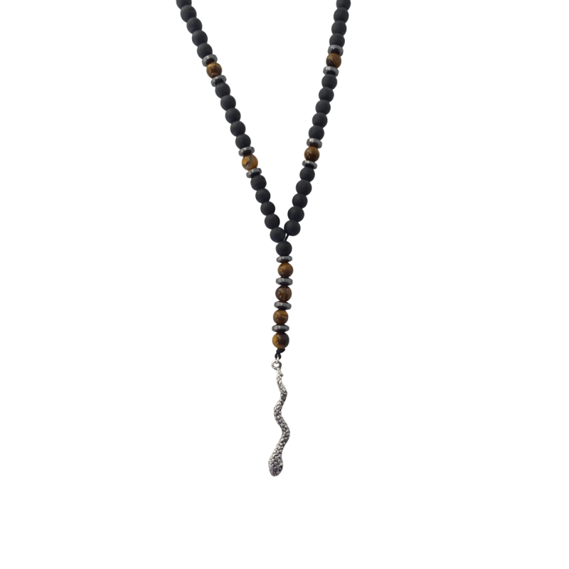 Κολιέ με μαύρο όνυχα και μάτι της τίγρης με φιδάκι