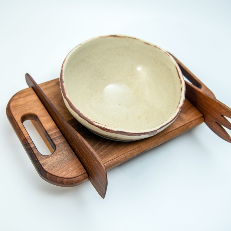 Κεραμική σαλατιέρα με ξύλινη βάση καρυδιάς
