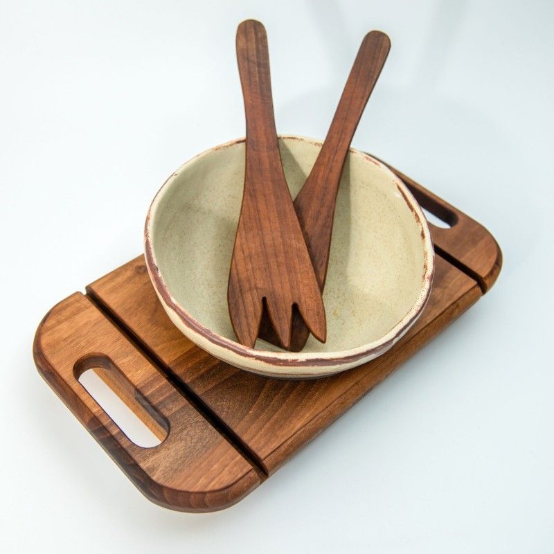 Κεραμική σαλατιέρα με ξύλινη βάση καρυδιάς