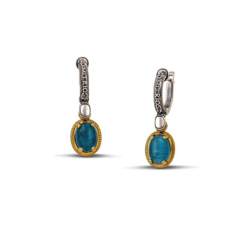 Σκουλαρίκια Ασημένιο με Cat Eye Πέτρες και Επίχρυσο Περίγραμμα